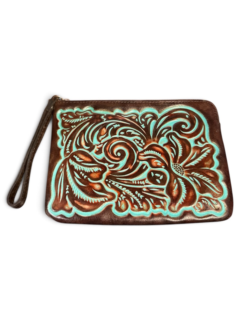 Patricia Nash Brown Leather Wristlet with Turquoise Tooled Floral Design